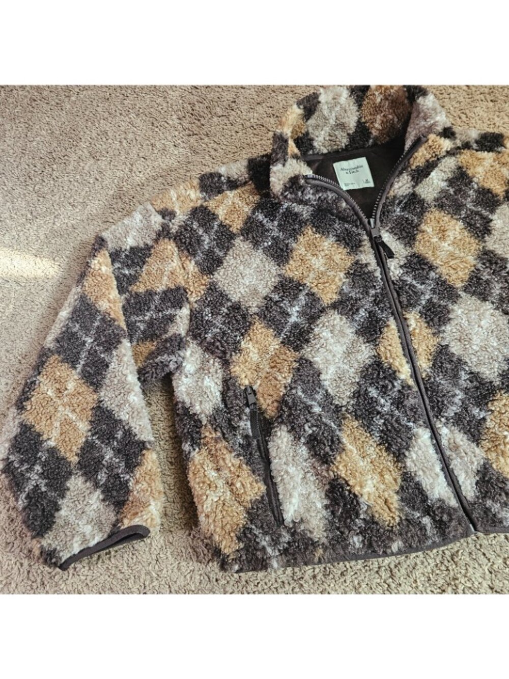 Abercrombie & Fitch Sherpa Fleece Jacket Womens M Full Zip Patterned Cozy EUC - Picture 8 of 10